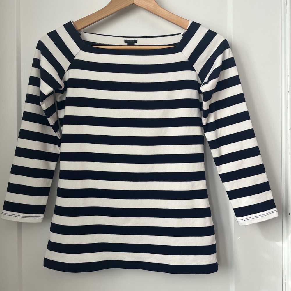 J Crew navy and white stripe boat neck top Sz S